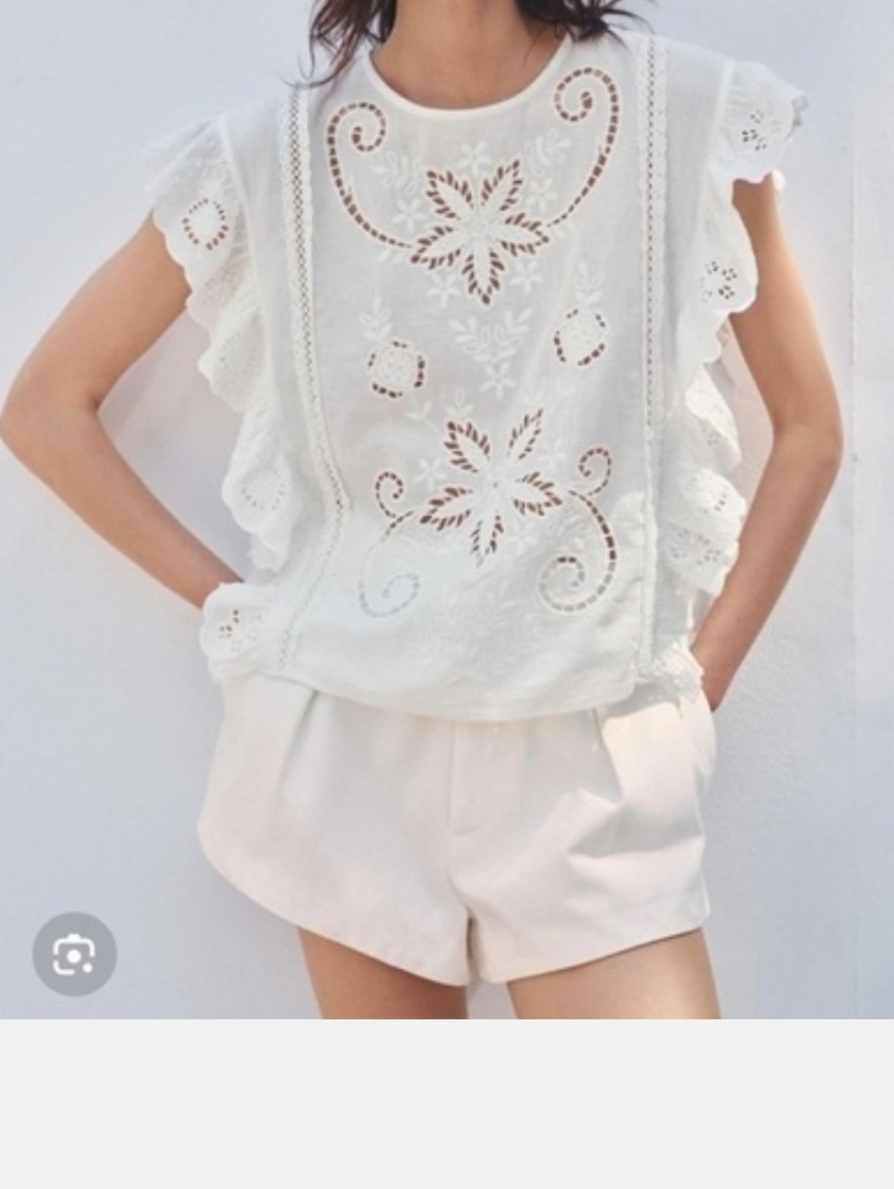 Zara White Cutwork Embroidered Ruffle Blouse